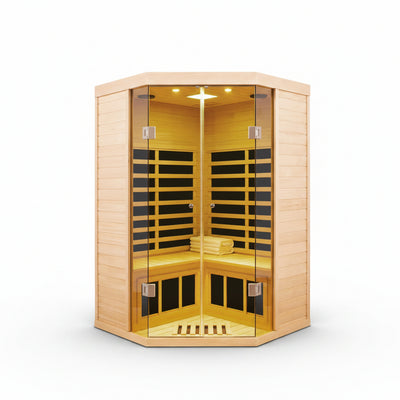 2-Person Corner Far Infrared Sauna Room - Hemlock Wood, Deluxe Transparent Glass Front, Large Capacity Home Sauna