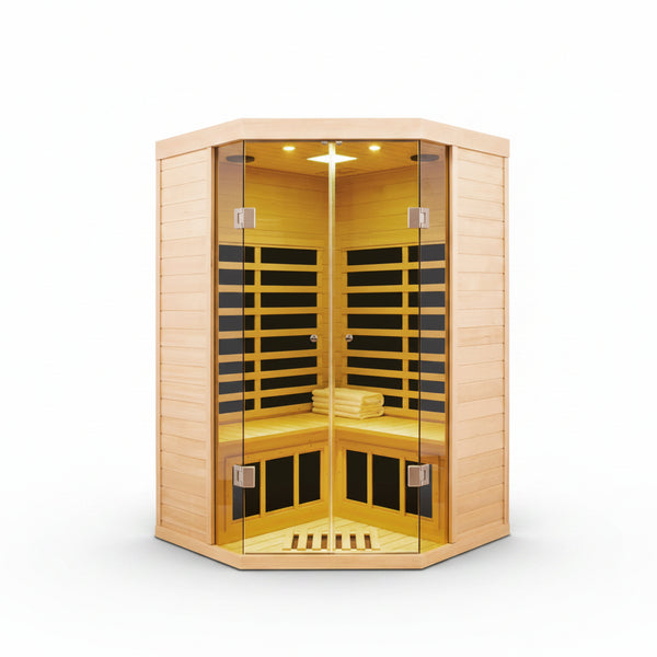 2-Person Corner Far Infrared Sauna Room - Hemlock Wood, Deluxe Transparent Glass Front, Large Capacity Home Sauna